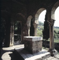 View of the altar in the façade of the east side of Santa Maria de Naranco, previously it was in …