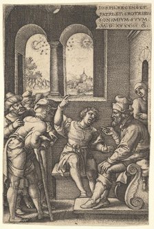 Joseph explains his dream to his brothers and father in an interior setting; the sun, moon..., 1544. Creator: Georg Pencz.