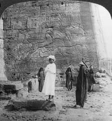 'The hunting of the wild bull, carved on a tempkle wall at Medinet Habu, Thebes, Egypt', 1905.Artist: Underwood & Underwood