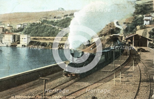 Steam Train in the Villefranche sur Mer station on the French Riviera, 1910.
