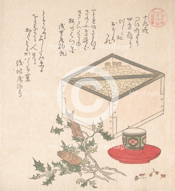 Green Peas in a Measure and Sprays of Hollyhock with Heads of Sardines..., 19th century. Creator: Kubo Shunman.