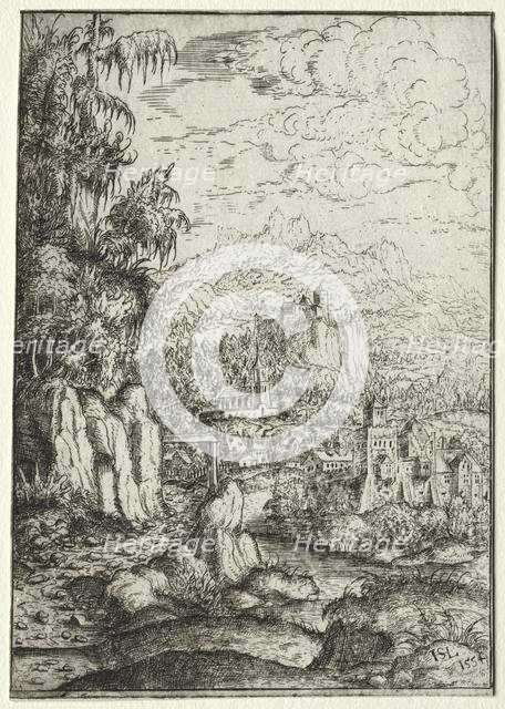 Landscape with a Road to a Castle on an Island in a River, 1554. Creator: Hanns Lautensack (German, 1524-1566).