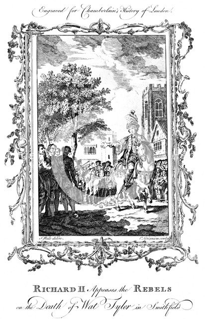 King Richard II appeases the rebels on the death of Wat Tyler, Smithfield, 19th century.Artist: Charles Grignion