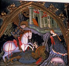 Altarpiece of the Virgin and St. George, detail of St. George and the princess, tempera on wood c…