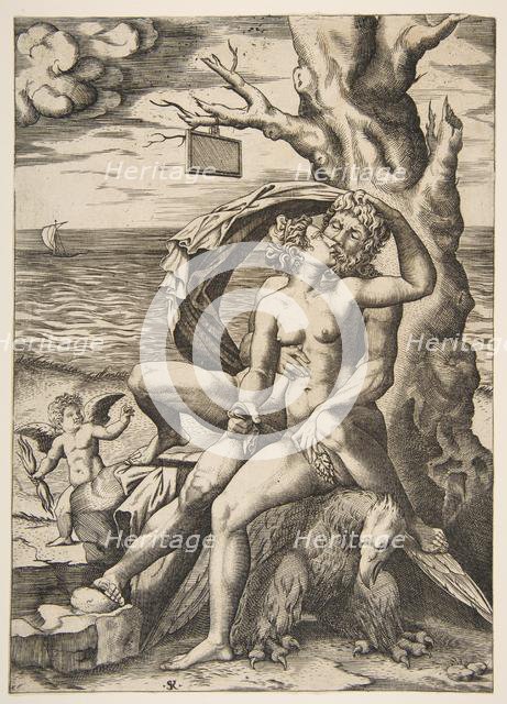 Jupiter and Semele embracing, an eagle beneath them, a tree at right with a blank t..., ca. 1515-27. Creator: Marco Dente.