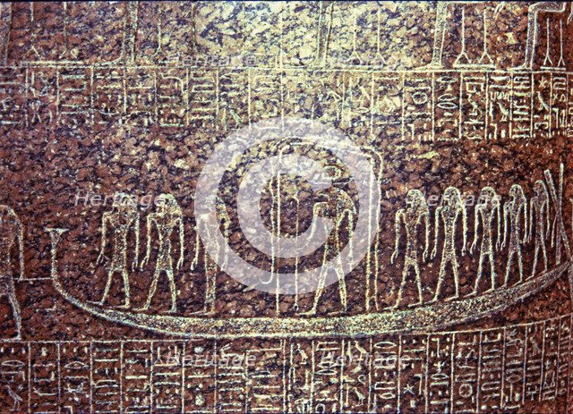 Bas-relief of the funerary sarcophagus of Ramesses III with the image of the ship of death, made …