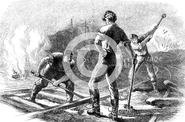 Troops tearing up a railway, American Civil War, 1861-1865 (c1880). Artist: Unknown