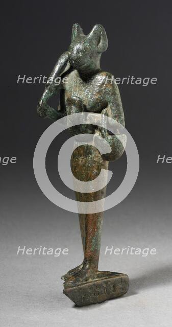 Figurine of Standing Cat Headed Goddess with Sistrum, Probably Ptolemaic Period (332-30 BCE). Creator: Unknown.