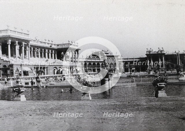 Open air baths in Budapest; two large pools separated by railings,...., c1900s. Creator: Unknown.