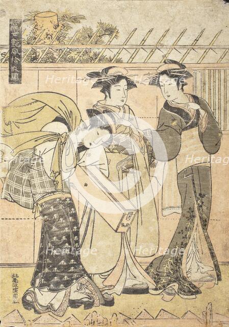 Geisha and Attendants by a Wharf in the Fukagawa district, c1780. Creator: Kitao Masanobu.