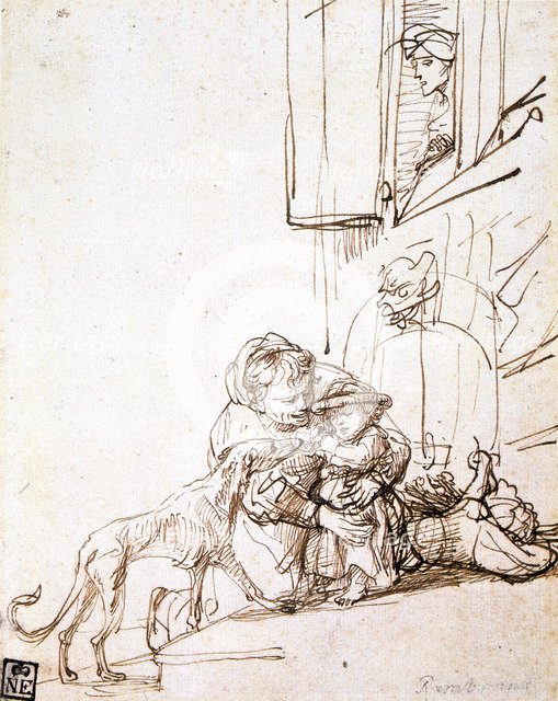 'Woman with a Child Afraid of a Dog', 17th century. Artist: Rembrandt Harmensz van Rijn    