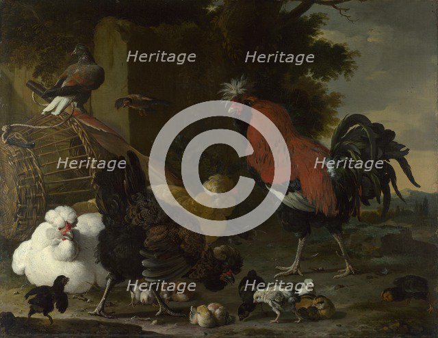 A Cock, Hens and Chicks, ca 1668-1670. Artist: Hondecoeter, Melchior de (1636-1695)