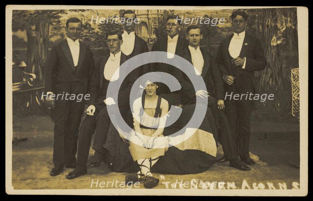 Seven men on stage set of "The seven acorns", [between 1918 and 1920?]. Creator: Unknown.