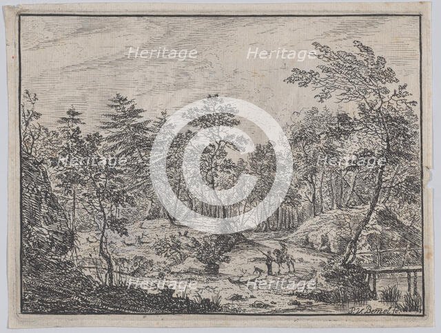 Forest landscape with a rider conversing with a man at center, a footbridge at right, 1716. Creator: Peter von Bemmel.