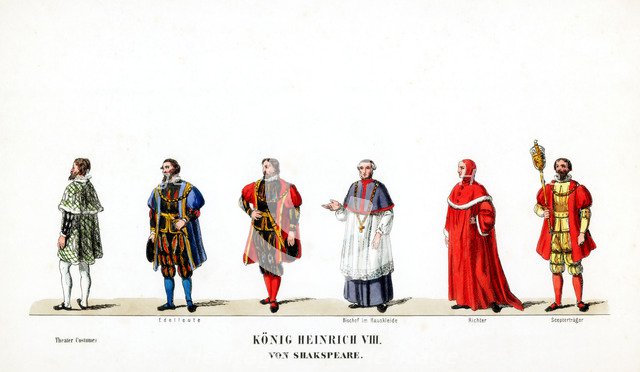 Theatre costume designs for Shakespeare's play, Henry VIII, 19th century. Artist: Unknown
