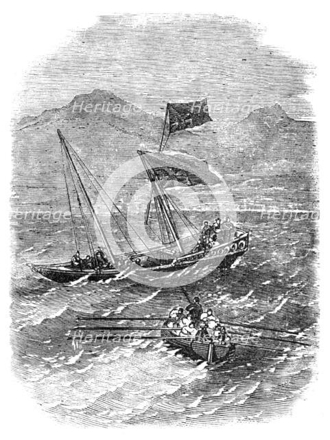 Boat from the "Madras" Steamer picking up an Arab Budgerow in the Red Sea, with Capt Gough..., 1857. Creator: Unknown.