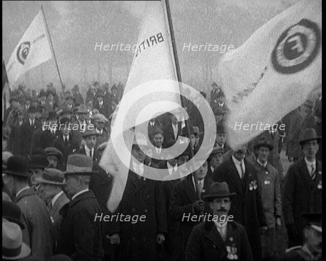 A Crowd of People Carrying Flags. Flags read  'British Fascists', 1924. Creator: British Pathe Ltd.