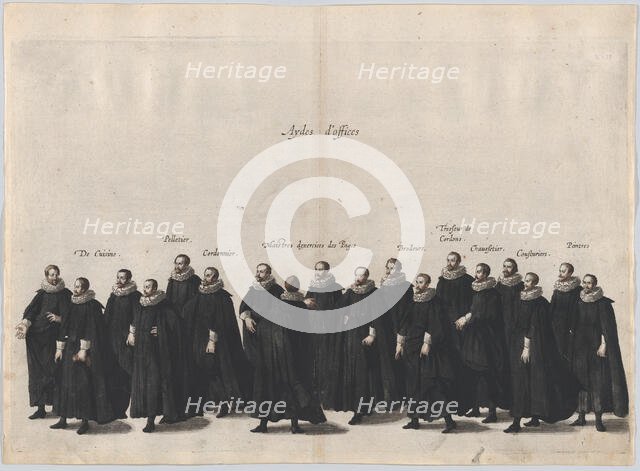 Plate 17: Aides marching in the funeral procession of Archduke Albert of Austria; from 'Po..., 1623. Creator: Cornelis Galle I.