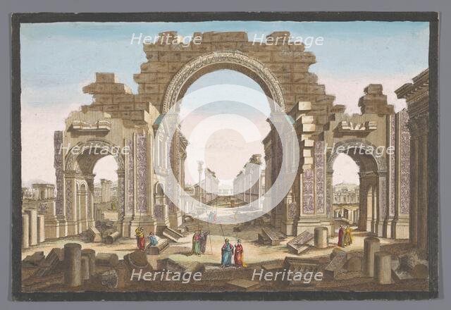 View of the ruin of the arch of the colonnade at Palmyra, seen from the east, 1745-1775. Creator: Anon.