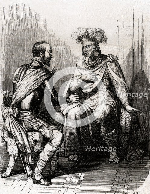 The Emperor of Mexico Moctezuma offers to Hernán Cortés his empire for the king of Spain, engravi…