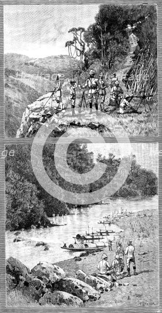 Lushai Expedition: signalling party with heliograph; encampment...on the Kurnafuli River, 1890. Creator: R. Taylor.