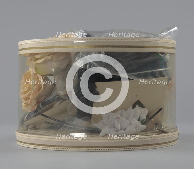 Hat box filled with tools and materials from Mae's Millinery Shop , 1941-1994. Creator: Unknown.