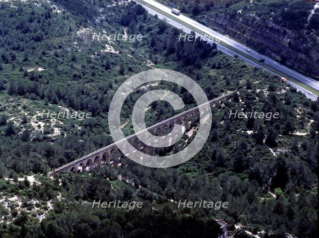 Aerial view of the aqueduct of Ferreras or Devil's Bridge, built during the reign of Emperor Traj…