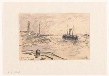 View of the coast of IJmuiden with lighthouse and ship, 1902. Creator: Carel Nicolaas Storm.