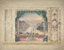 Wall Design with a Trompe l'Oeil Balcony Overlooking a Mountainous Harbor, 19th century. Creator: Anon.
