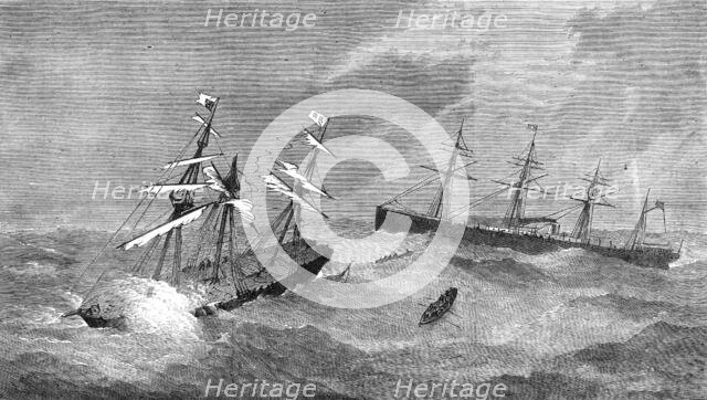 The steam-ship Baltic rescuing the crew of the Assyria during a storm in the Atlantic, 1872. Creator: Unknown.
