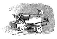 Ship cannon on gun carriage, Wood engraving, 1884. Artist: Unknown