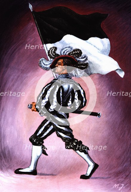 Flag bearer from the canton of Fribourg, c. 1500. Color engraving from 1943, published by Edition…