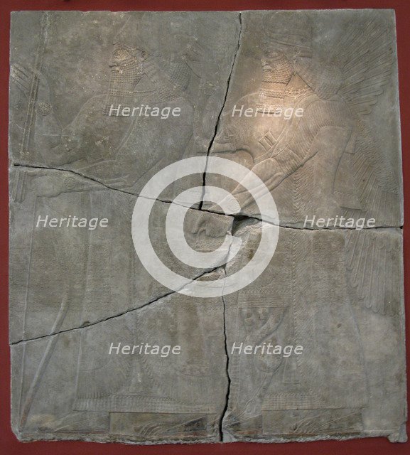 King Ashurnasirpal II and his God. Relief from the palace of Ashurnasirpal II at Kalhu, Nimrud, 9th century BC. Artist: Assyrian Art  