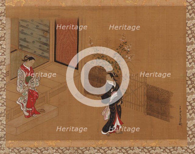 Woman on the verandah steps; another in the garden, Edo period, 18th century. Creator: Unknown.