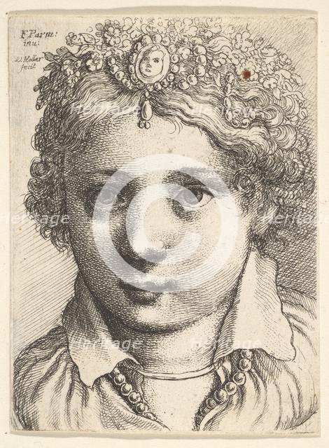 Head of a young girl wearing a jeweled headdress, ca. 1645. Creator: Wenceslaus Hollar.