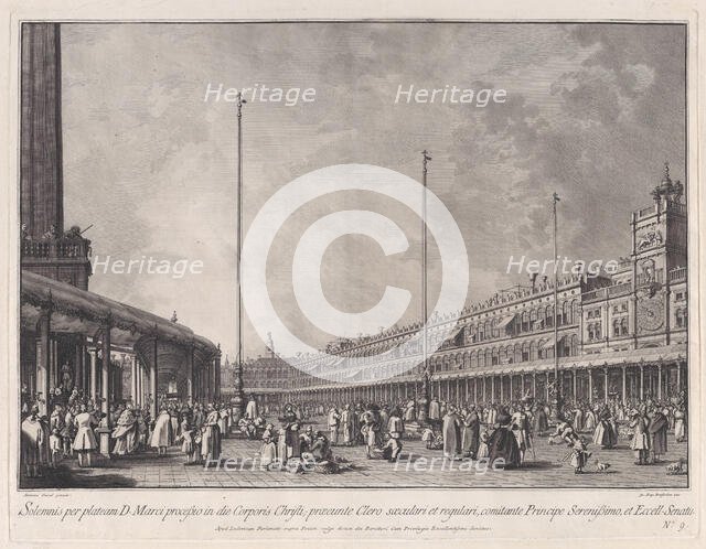 Plate 9: Procession on Corpus Christi Day in the Piazza San Marco, from 'Ducal Ceremon..., ca. 1766. Creator: Giovanni Battista Brostoloni.