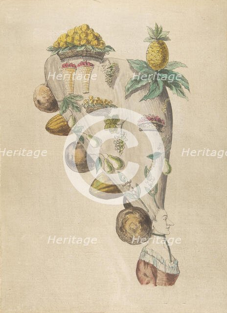 Fantastic Hairdresses with Fruit and Vegetable Motifs, 18th century. Creator: Anon.