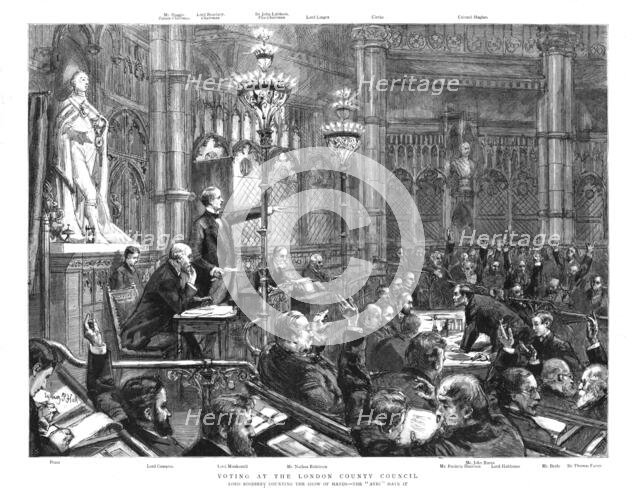 ''Voting at the London County Council; Lord Roseberry counting the show of hands...', 1890. Creator: Unknown.