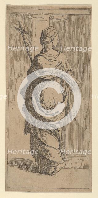Girl carrying a crucifix and stepping toward a pilaster, seen from behind, ca. 1590-1600. Creator: Guido Reni.