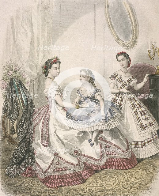 Two women and a small girl wearing the latest indoor fashions, c1860. Artist: Millia Lacouriere 