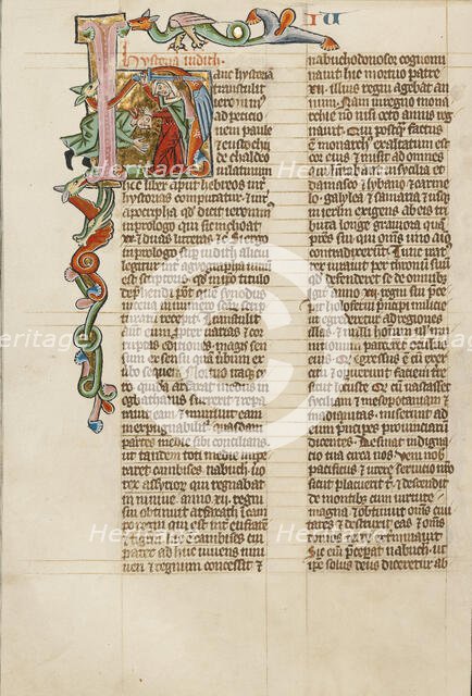 Initial H: Judith Beheading Holofernes; Historia Scholastica, about 1300. Creator: Unknown.