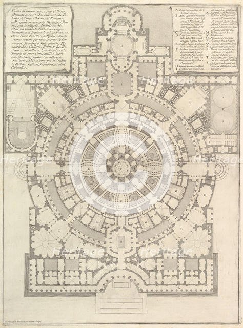 Plan of a spacious and magnificent College designed after the ancient gymnasia of the Gree..., 1750. Creator: Giovanni Battista Piranesi.
