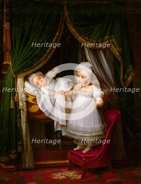 Henri of Artois, Count of Chambord, duc de Bordeaux in his cradle with his sister Louise Marie Thérè Artist: Hersent, Louis (1777-1860)