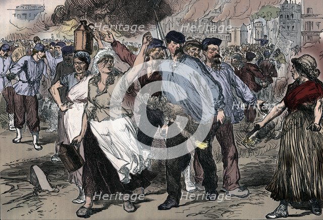 Rioters and petroleuses firing public buildings in Paris during the Paris Commune, 1871 (1906). Artist: Unknown.