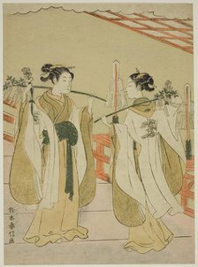 Shrine Maidens Onami and Ohatsu Dancing at Yushima Tenjin Shrine, c. 1769. Creator: Suzuki Harunobu.