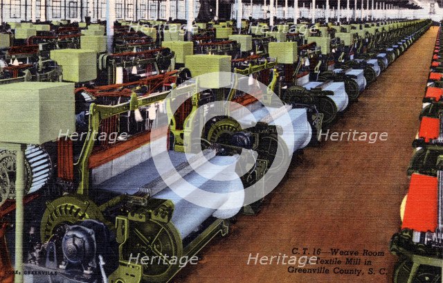 Weaving room in a textile mill in Greenville, South Carolina, USA, 1944. Artist: Unknown