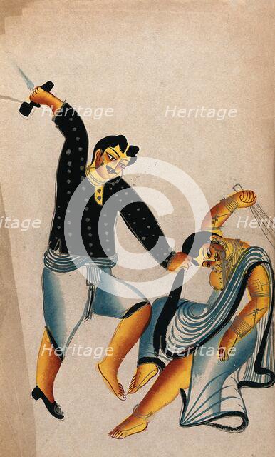 Domestic violence: a husband holding his wife by the hair about to strike her with a shoe... Creator: Unknown.