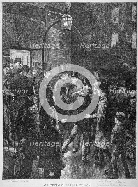 Scene at Whitecross Street Prison showing a release of prisoners, London, 1870.      Artist: Anon