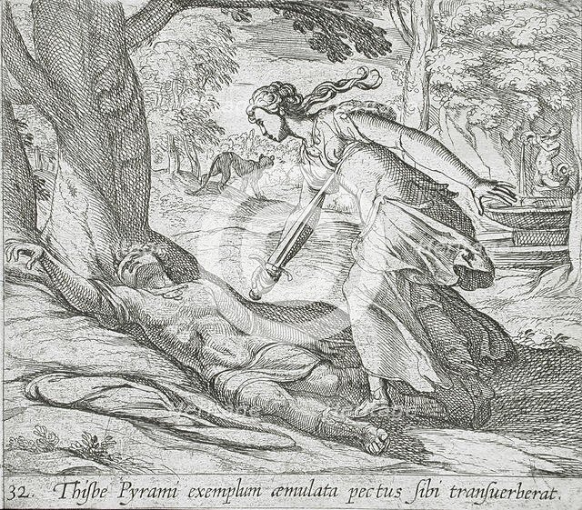 Thisbe Killing Herself, published 1606. Creators: Antonio Tempesta, Wilhelm Janson.