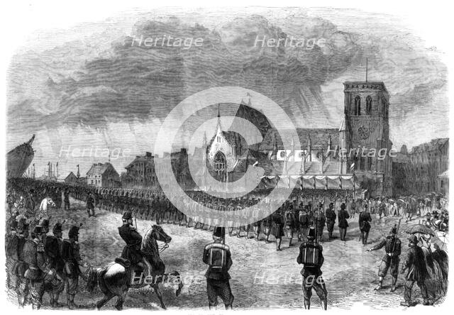 Review of French troops on the Place Napoleon at Cherbourg, 1865. Creator: Unknown.